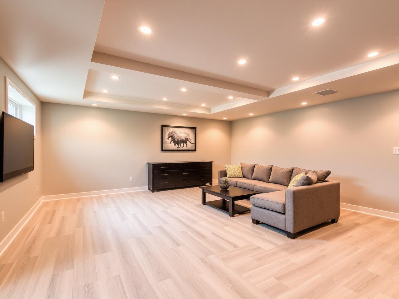 The same basement after finishing, same camera angle