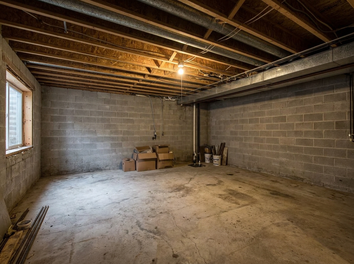 Unfinished basement before the project, same camera angle