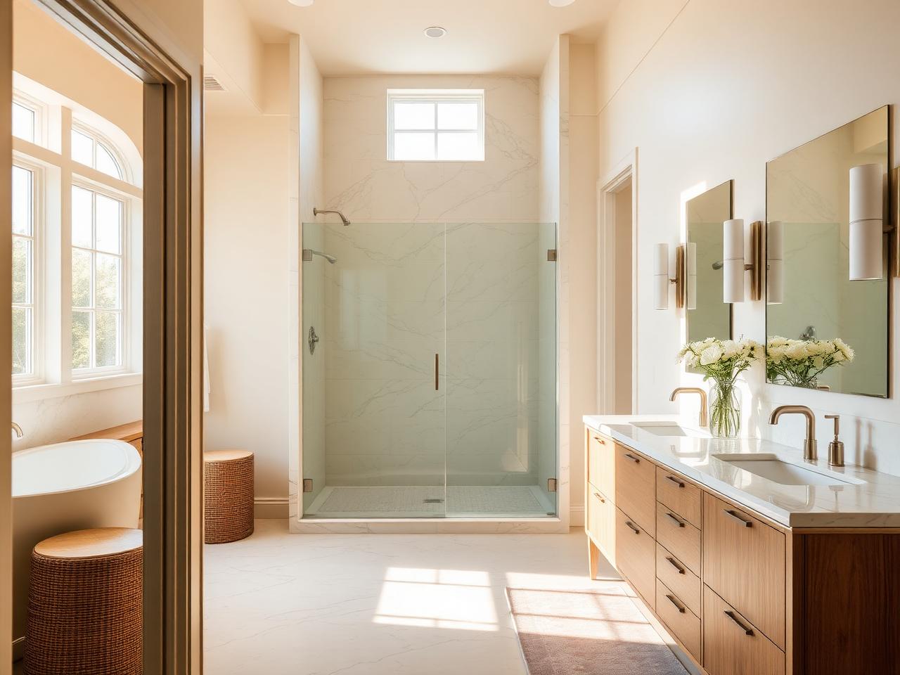 Bright renovated bathroom with cream stone, a glass walk-in shower, warm brass fixtures and a light oak vanity in natural daylight
