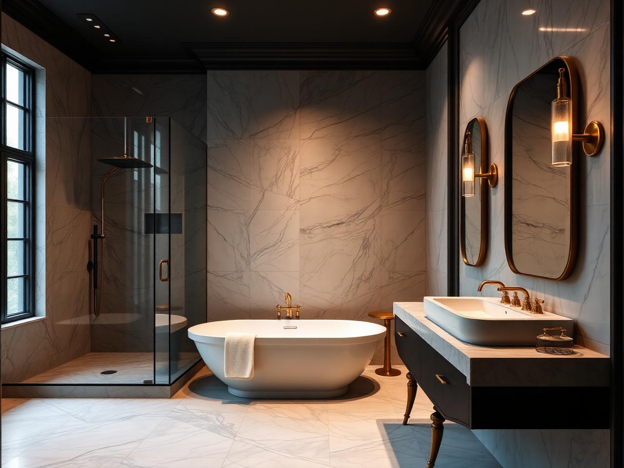 Renovated bathroom with marble tile and glass walk-in shower