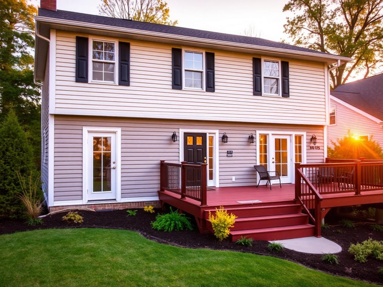 Renovated home exterior with new siding, deck and landscaping at golden hour