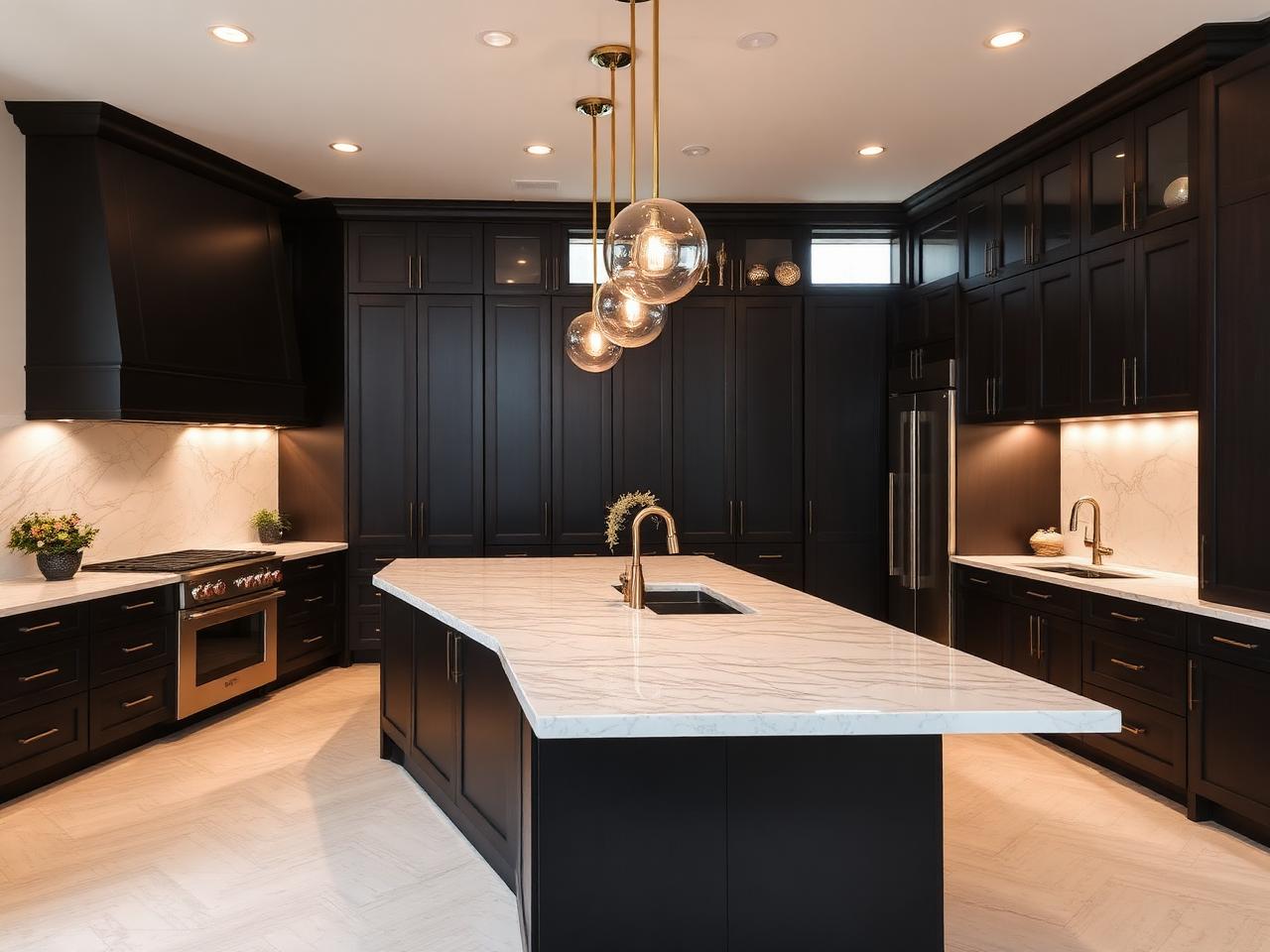 Renovated kitchen with dark custom cabinetry and stone island