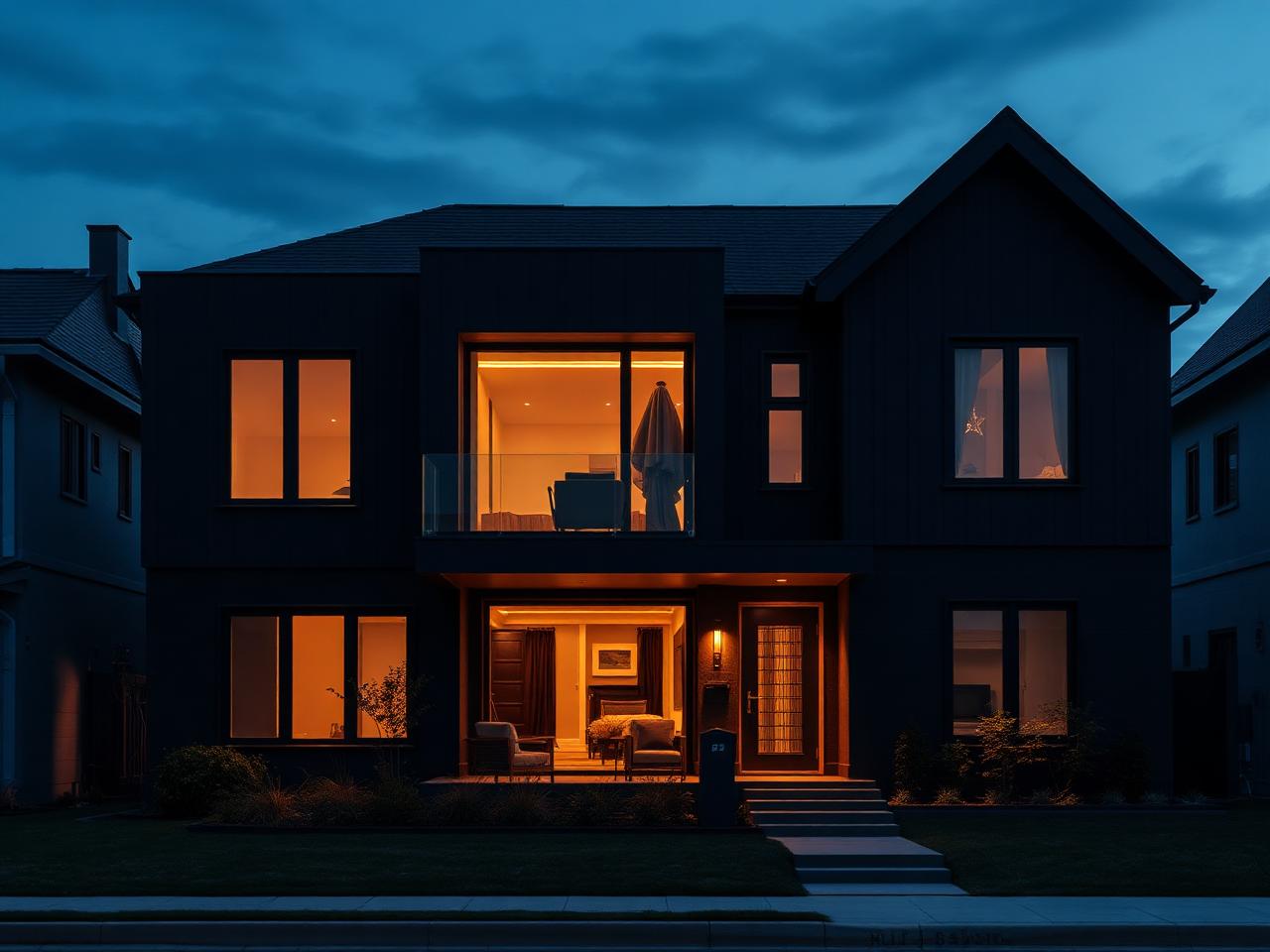 Newly built modern residential home exterior at dusk