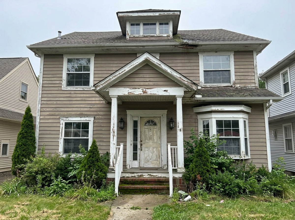 Home exterior before renovation, same camera angle