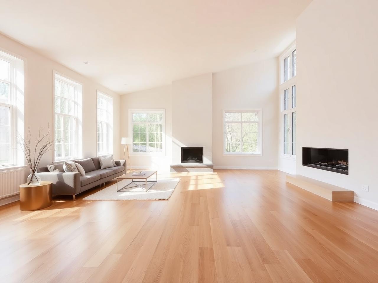 The same living space after the full home renovation, same camera angle
