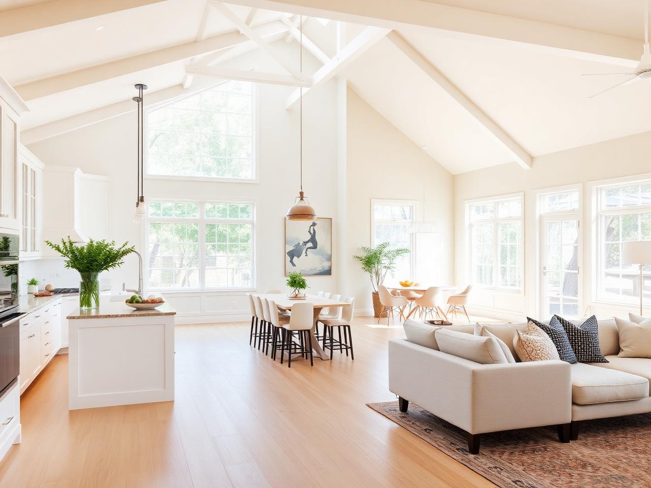 Bright open living and dining area with a vaulted beamed ceiling, large windows, light oak flooring and warm neutral finishes