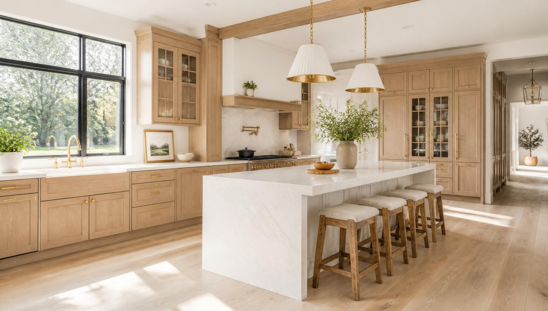 Bright renovated kitchen with white oak cabinetry, marble island and daylight from large windows