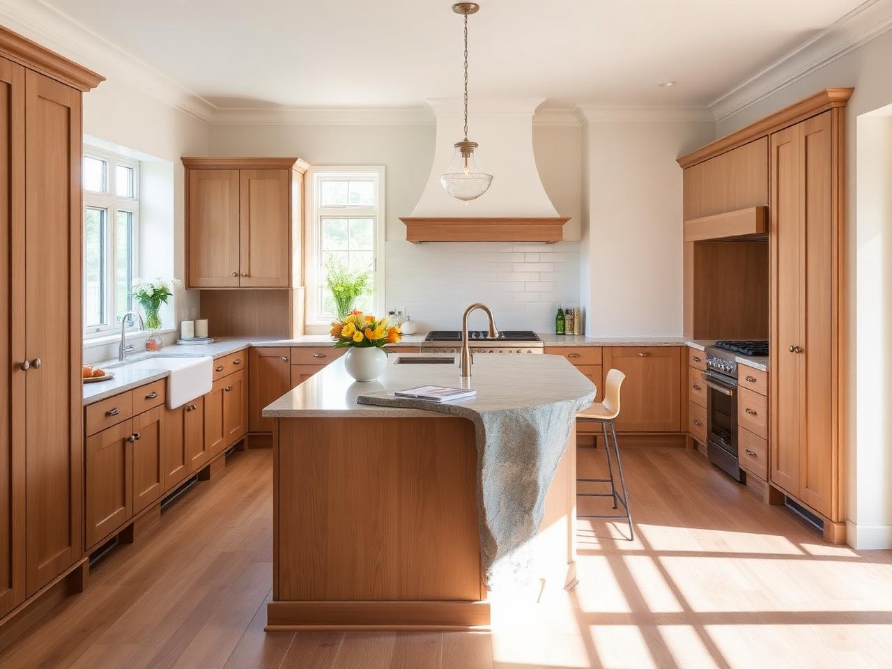 Bright renovated kitchen with white oak cabinetry, a light stone island, warm metal fixtures and daylight from three windows