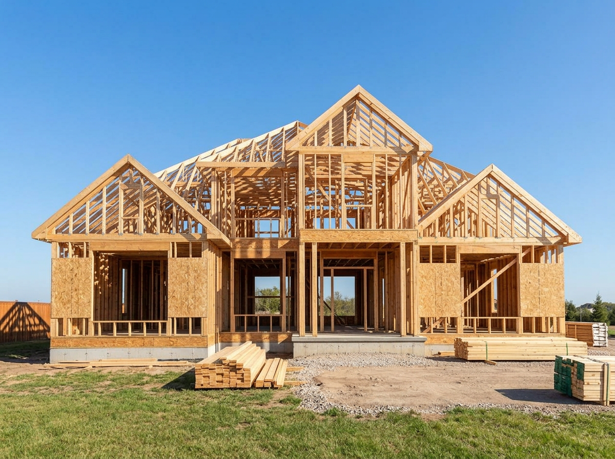 Two-story house under construction in the open wood framing stage with roof trusses and rough framed window openings