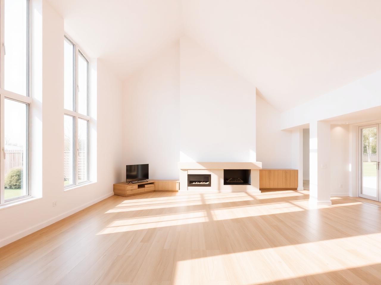 The same great room completed with painted walls, wood flooring and full-height windows