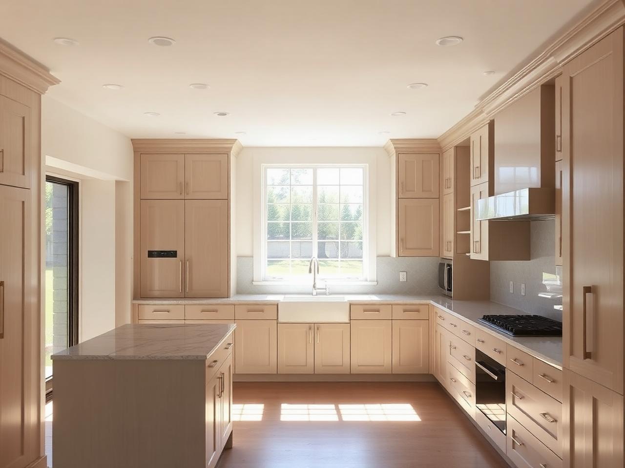The same kitchen completed with full-height cabinetry, stone island and finished flooring