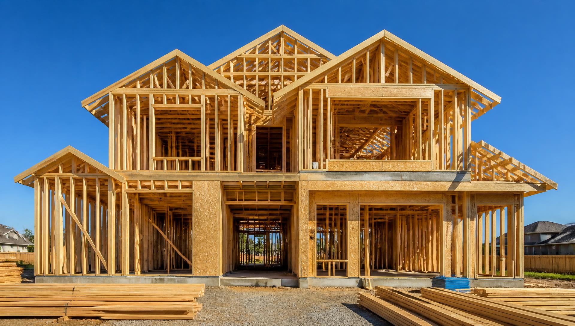 Residential home under construction with open wood framing, wall framing, window openings and roof trusses